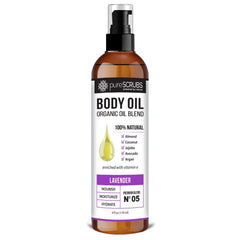 PureSCRUBS lavender body oil spray bottle for silky, nourished skin.