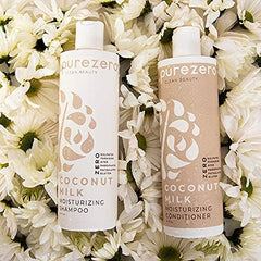 Après-shampoing Purezero lait coco, bouteille pratique, démêlage facilité et brillance.