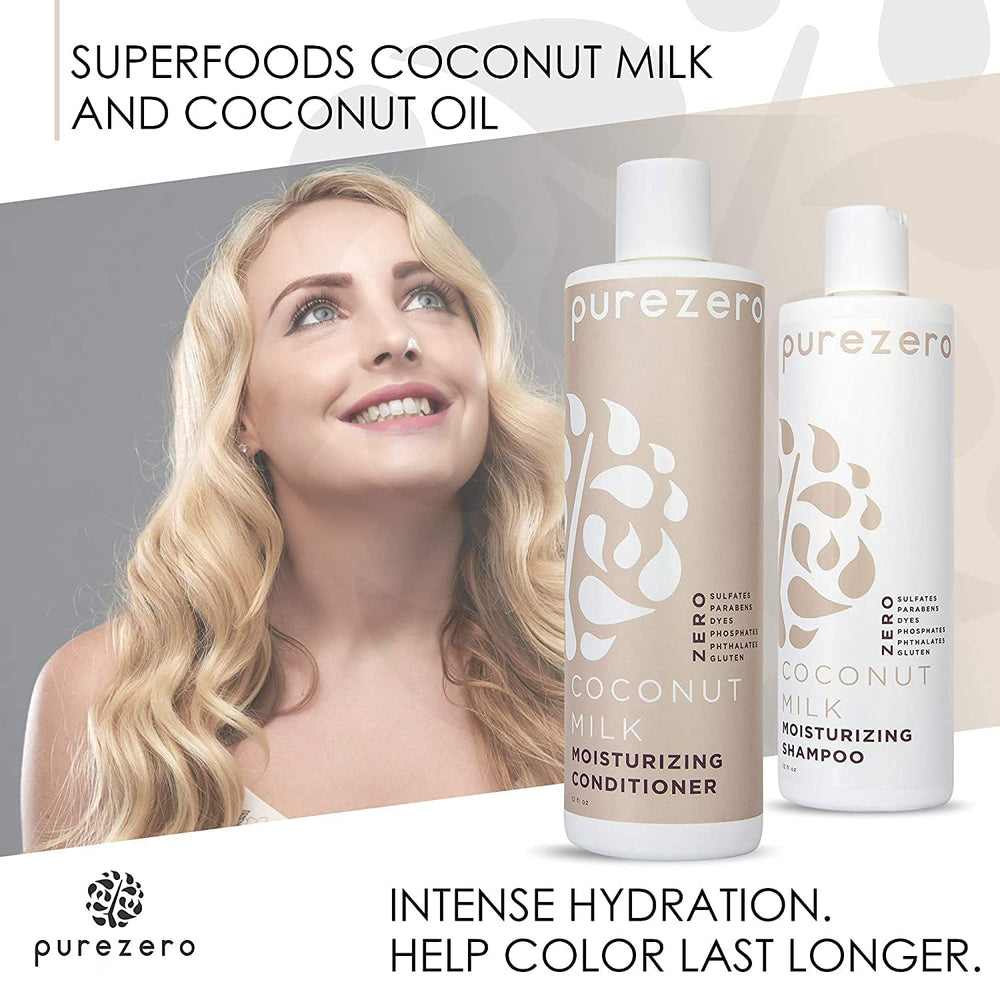 Coffret Purezero shampoing et après-shampoing, présentation soignée pour une routine domestique.