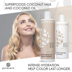 Coffret Purezero shampoing et après-shampoing, présentation soignée pour une routine domestique.