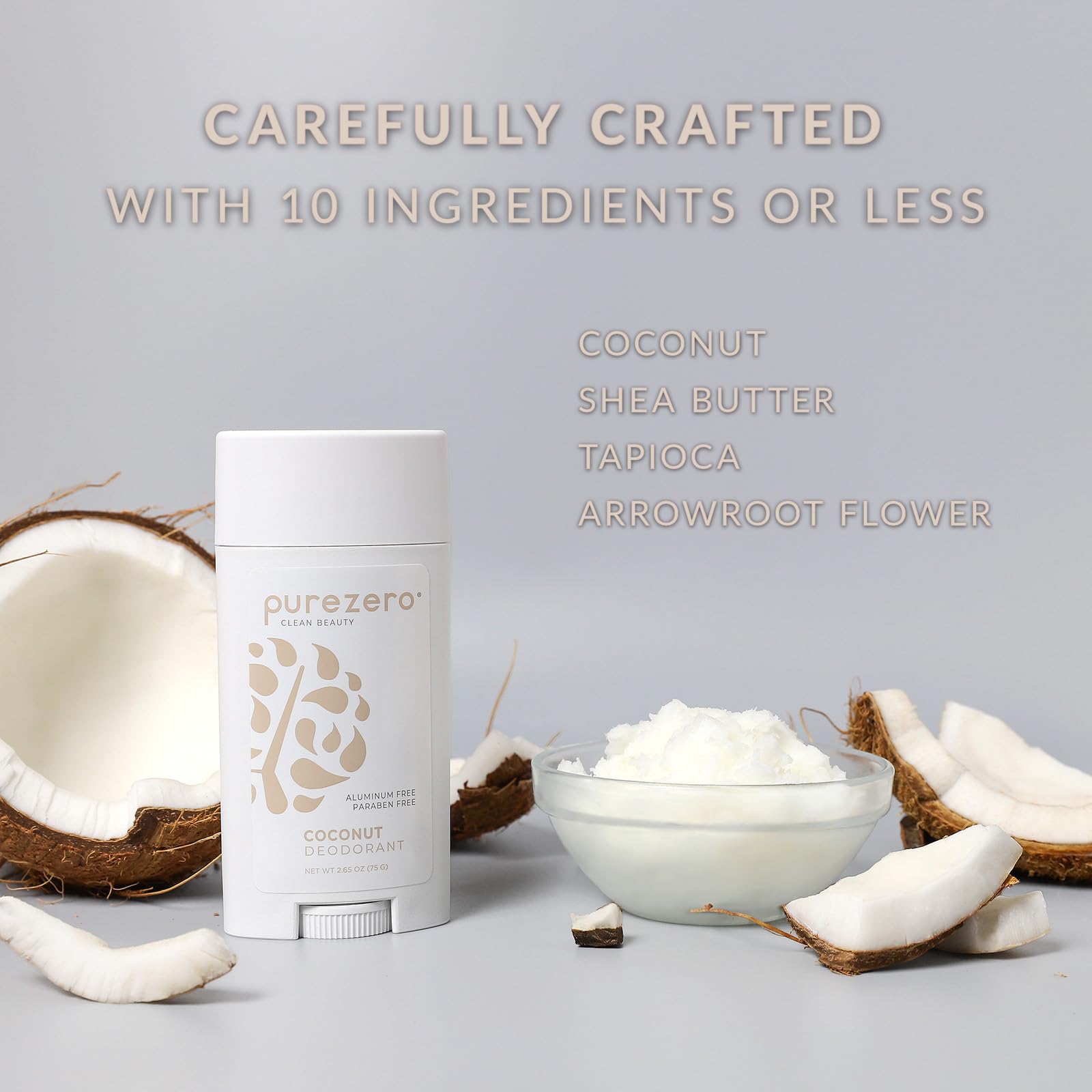 Purezero Déodorant Coco avec ingrédients naturels pour douceur cutanée.