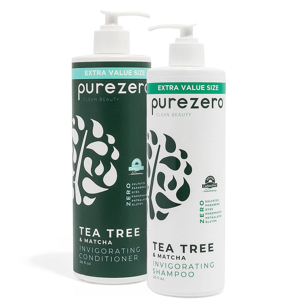 Purezero shampooing Tea Tree et Matcha en bouteille, revitalisant cuir chevelu.