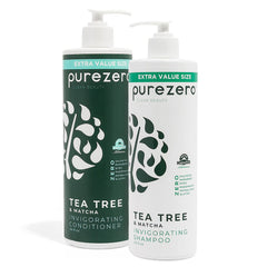Purezero shampooing Tea Tree et Matcha en bouteille, revitalisant cuir chevelu.