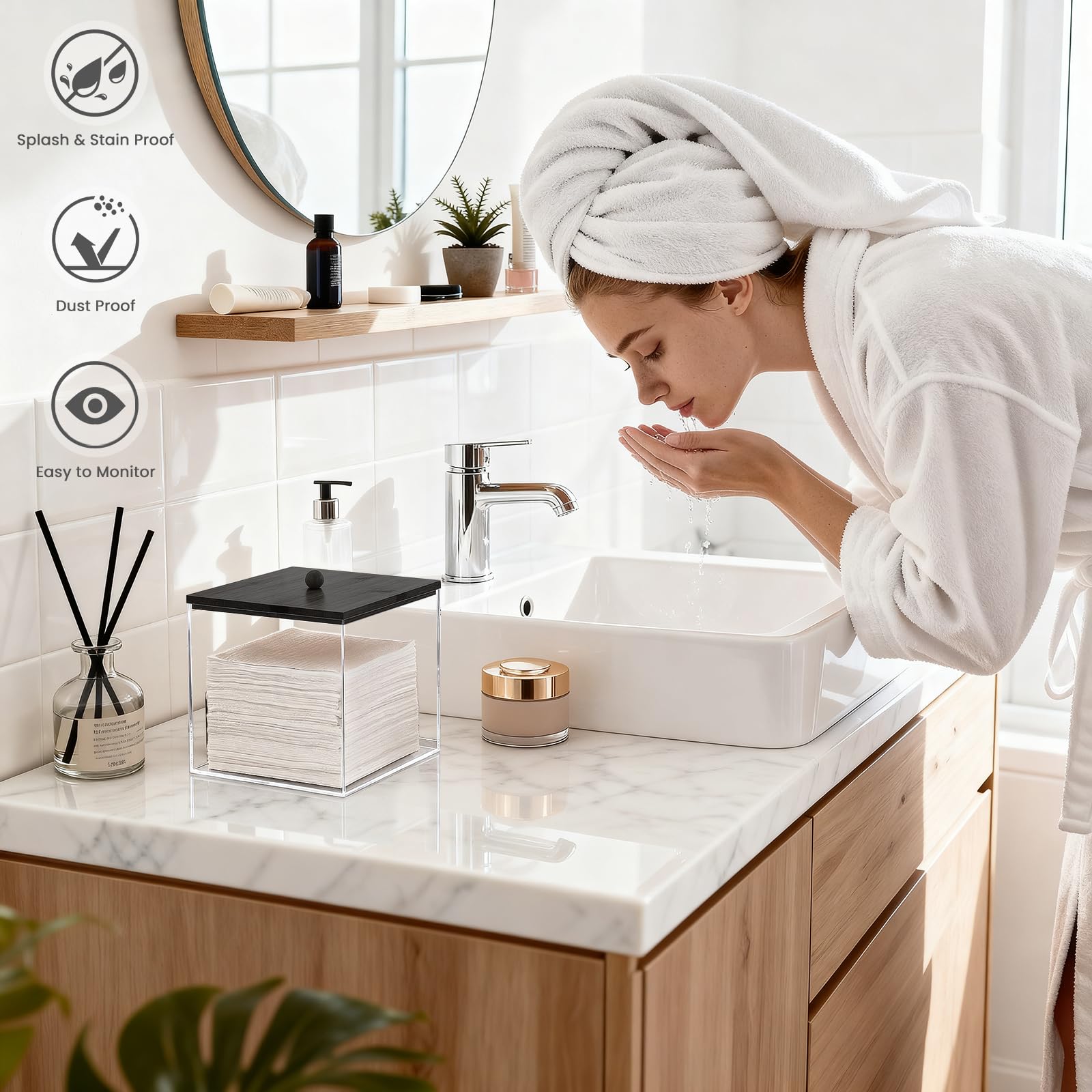Puricon boîte acrylique essuie-visage compacte, idéal sur petit plan de travail.