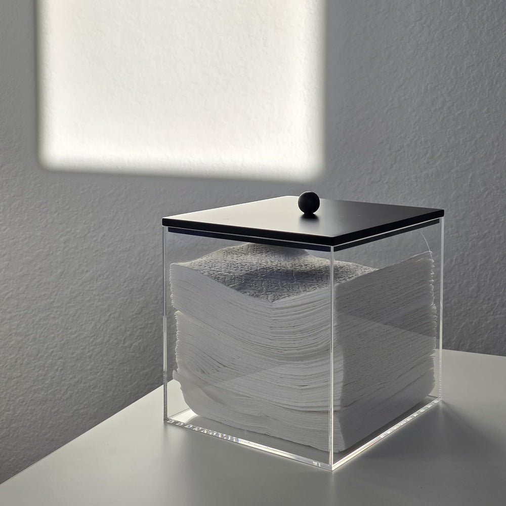 Puricon boîte acrylique essuie-visage sur plan de travail, rangement pratique.