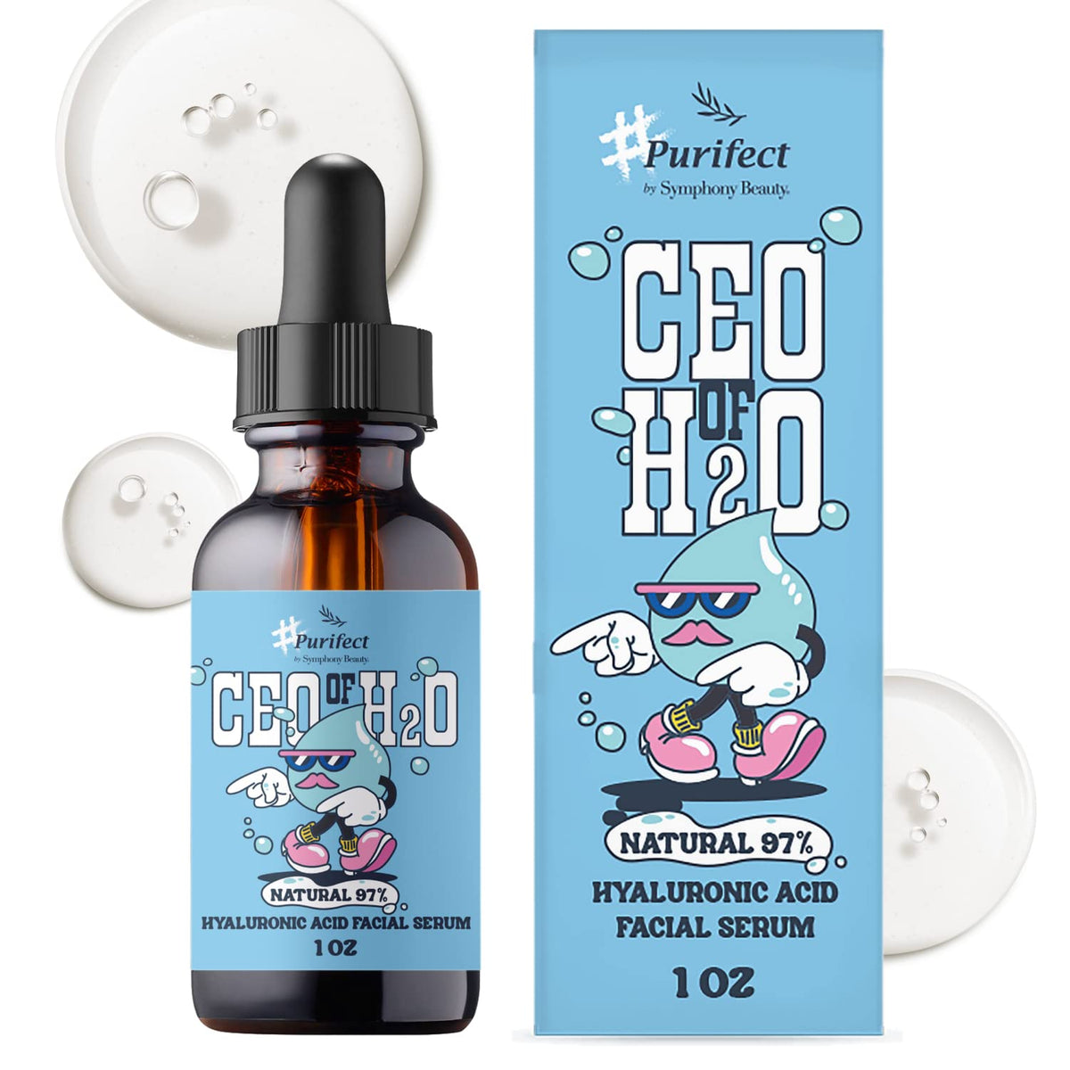 Purifect CEO de H2O Sérum flacon, hydratation rapide et absorption légère.