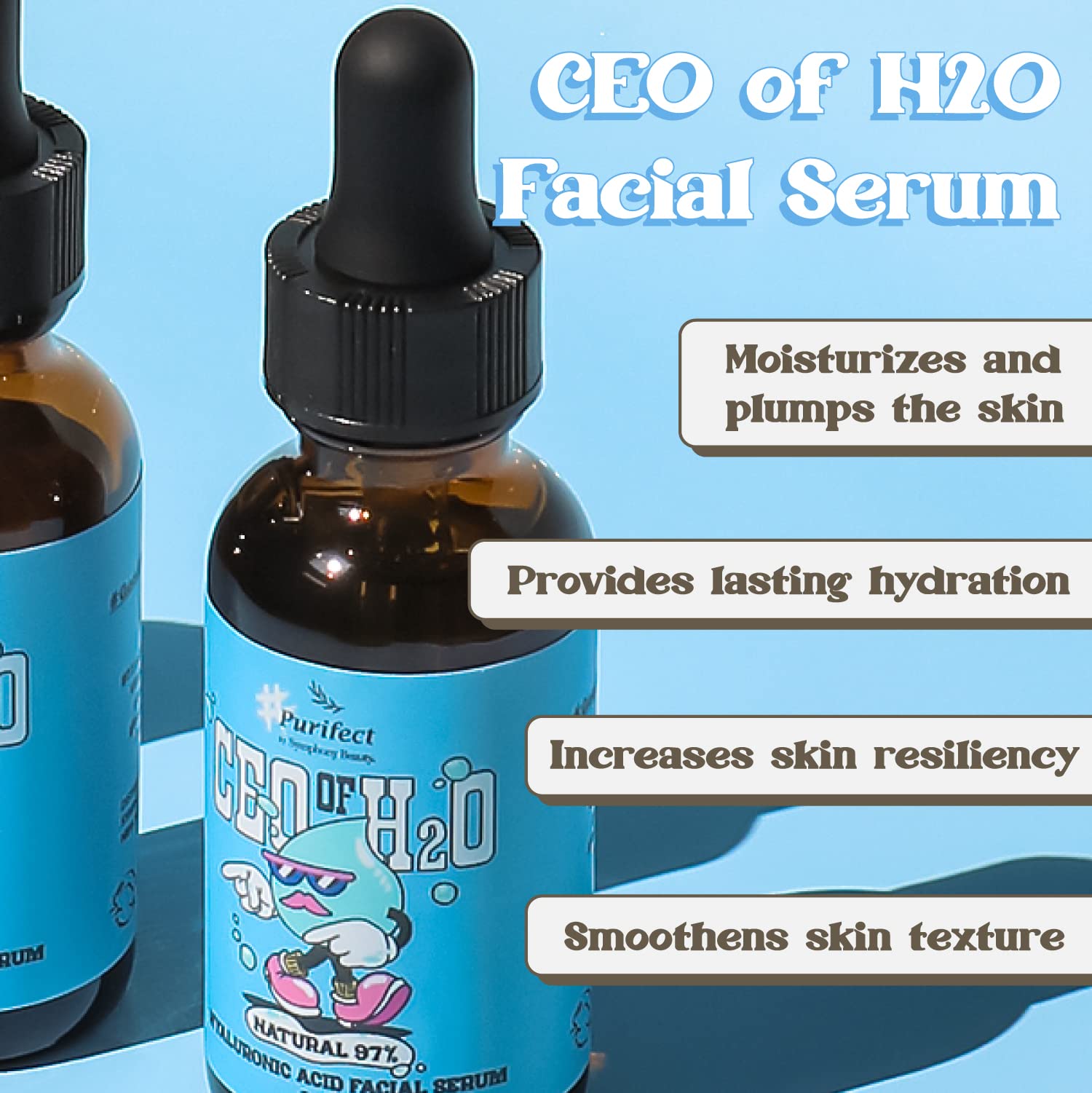 Purifect CEO de H2O Sérum texture légère, absorption rapide sans gras.