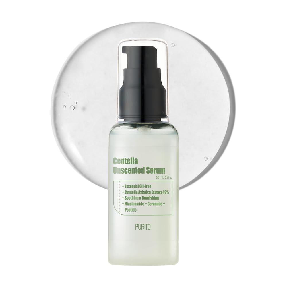 Sérum PURITO Centella Unscented dans sa bouteille, apaisement pour peaux sensibles.