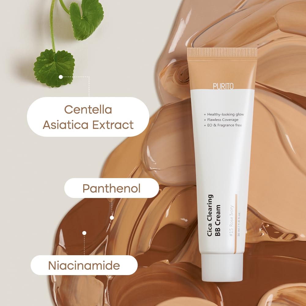 PURITO Cica Clearing BB Cream – teinte Rose Ivory pour une peau claire et uniforme.