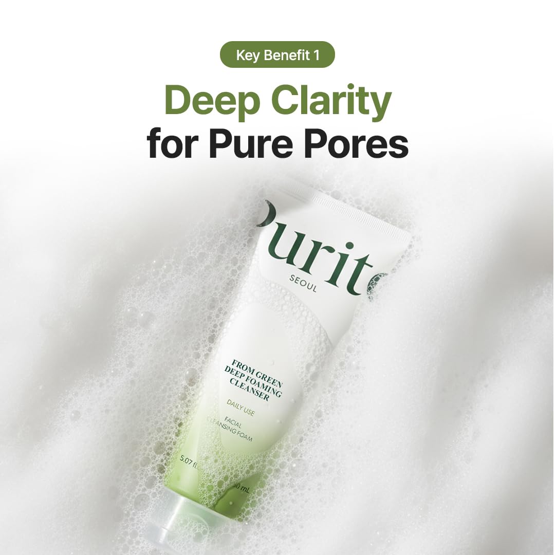 Purito From Green Deep Foaming Cleanser : ingrédients végétaux apaisants pour calme et hydratation.