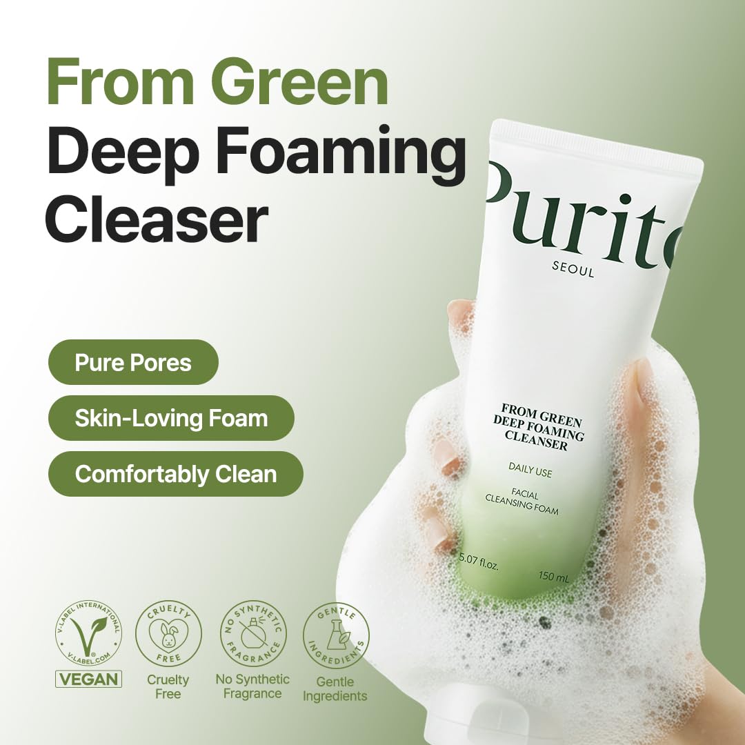 Purito From Green Deep Foaming Cleanser : expérience de microbulles pour un teint lumineux.