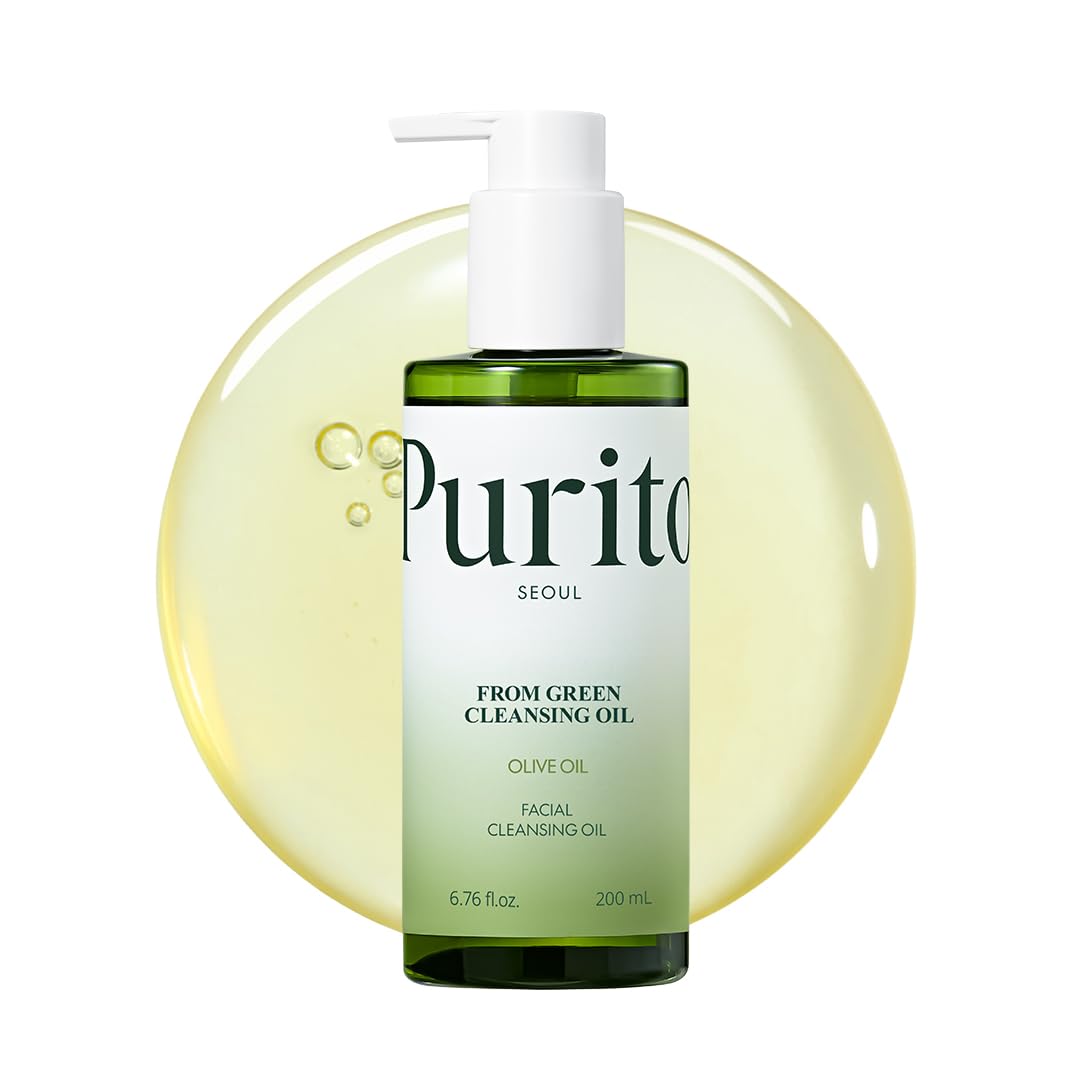 PURITO huile démaquillante verte en bouteille pour démarrage en douceur du démaquillage.