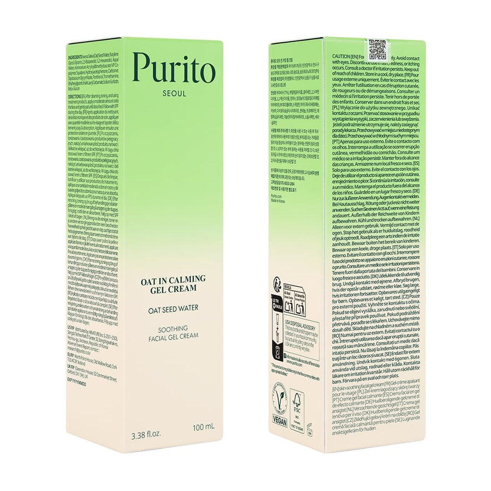 Purito Emballage respectueux — produit végétal et durable, soin sans parfum.