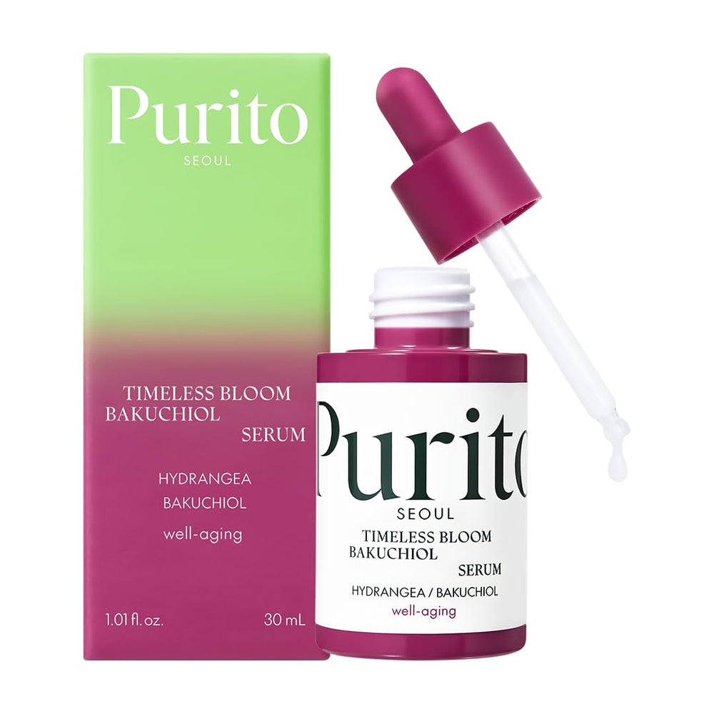 Purito Seoul Timeless Bloom Sérum bakuchiol, flacon transparent, soin pour peau sensible.