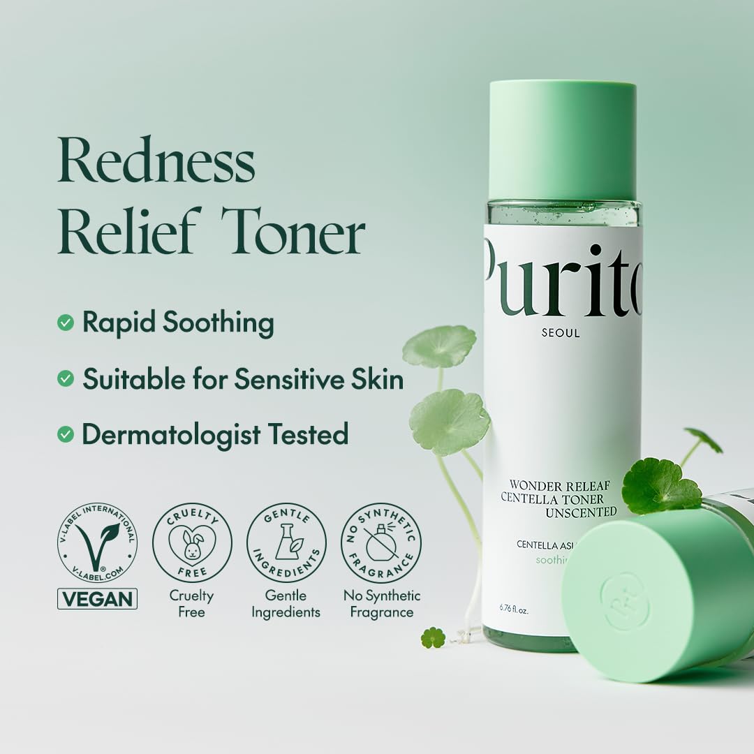Purito Seoul Wonder Releaf Toner : application sur peau sensible pour calmer l'irritation.