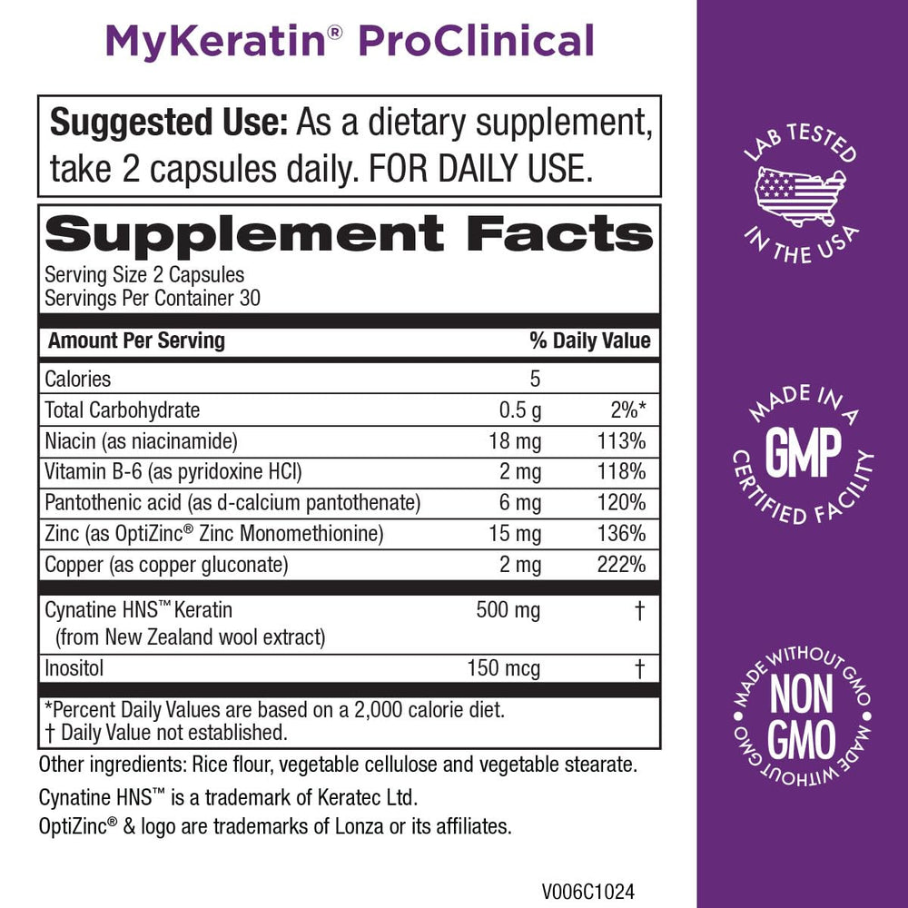 MyKeratin ProClinical – Capsules faciles à avaler pour cheveux forts et éclatants.