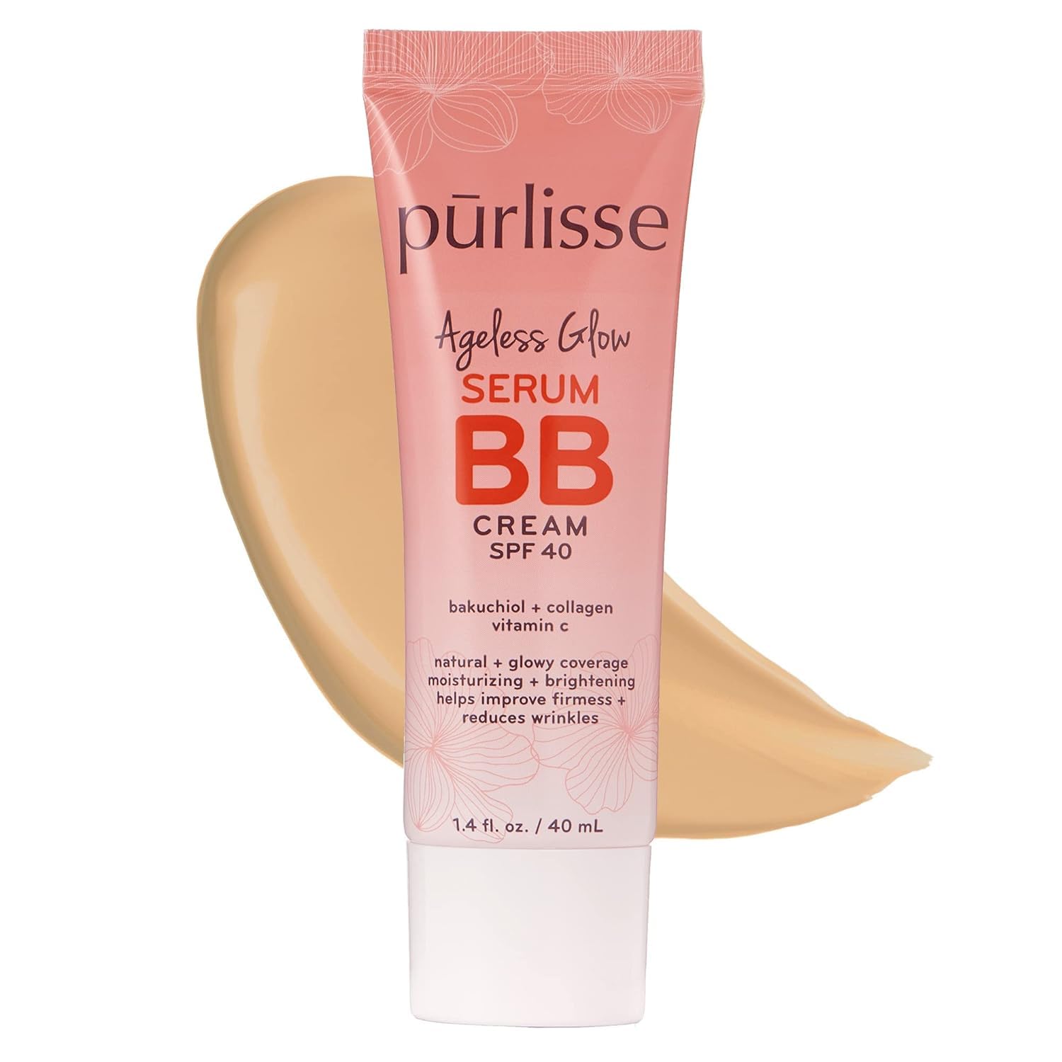 Pūrlisse Ageless Glow BB Crème SPF 40 en flacon pour une couvrance naturelle et lumineuse.