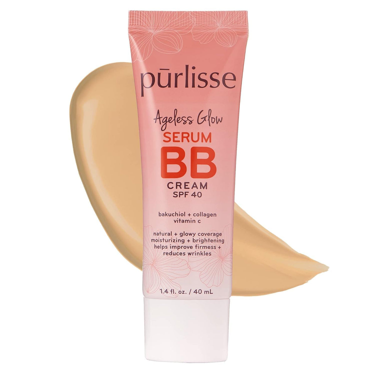 Pūrlisse Ageless Glow BB Crème SPF 40 en flacon pour une couvrance naturelle et lumineuse.