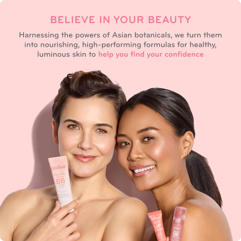 Application BB crème Purlisse démontrant un teint unifié et naturel.