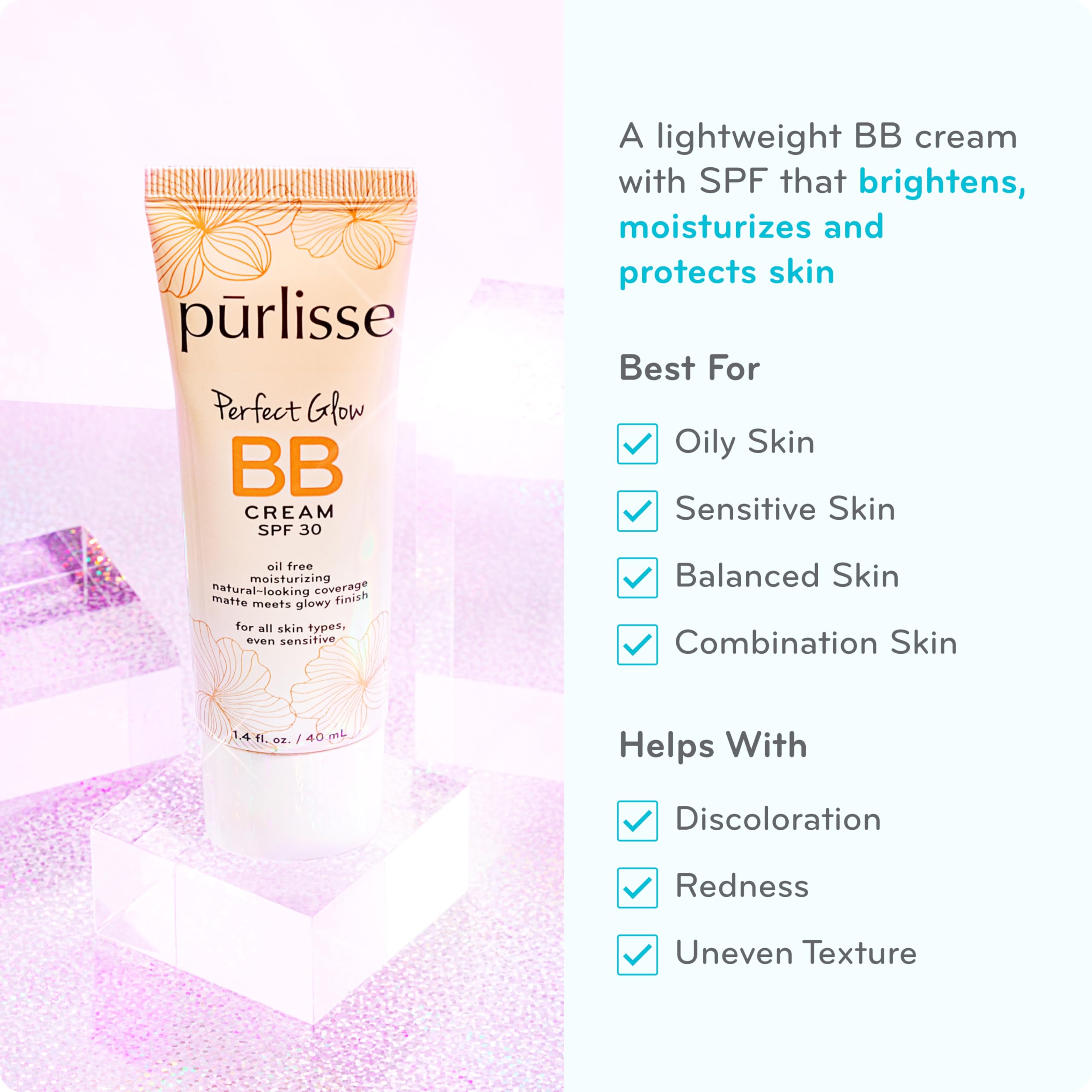Purlisse Perfect Glow BB Crème SPF30 – teinte médium-tan pour peau normale à mixte.