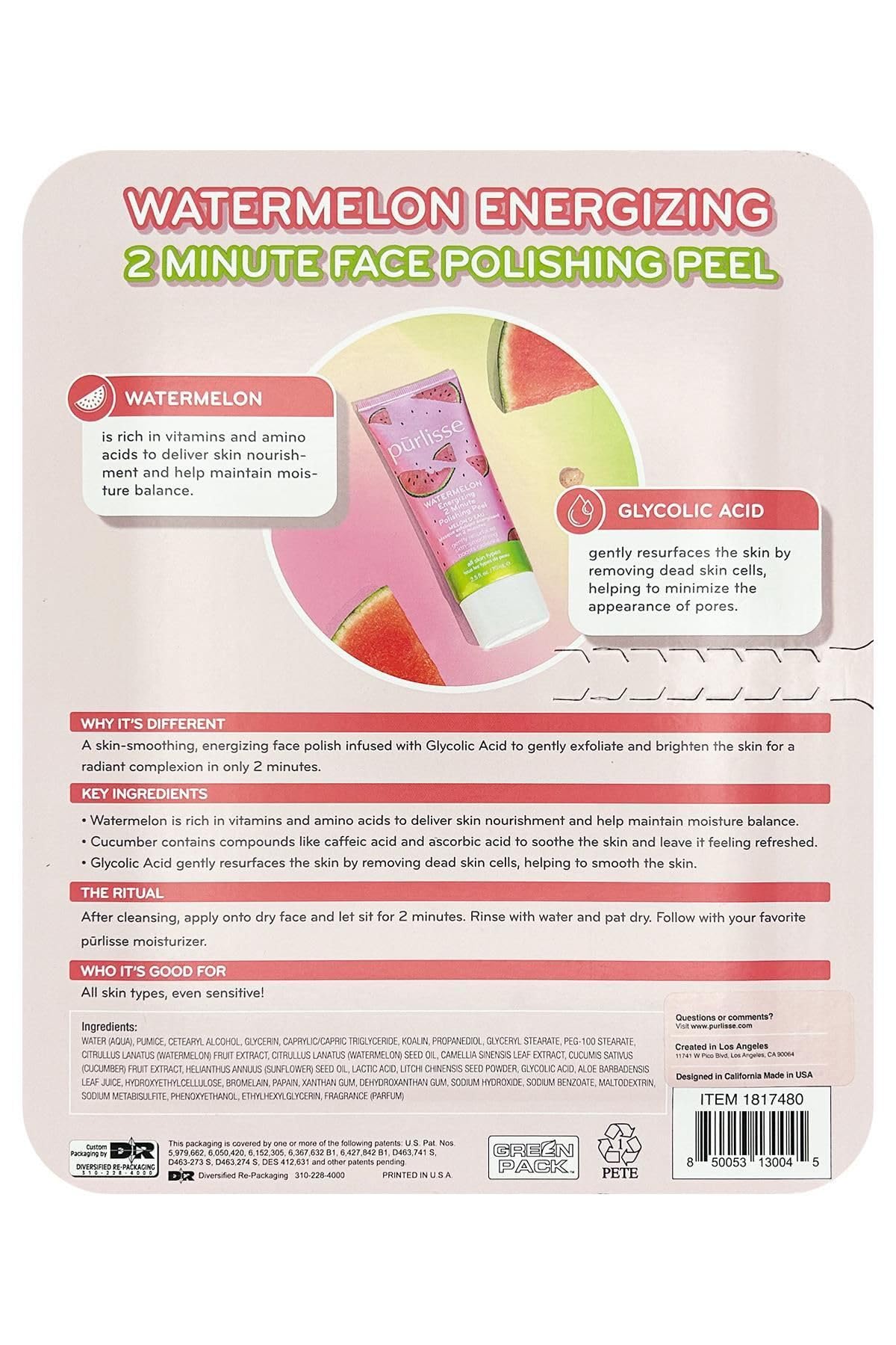 Pūrlisse Watermelon Energizing 2 Minute Polishing Peel — emballage pratique pour soin express