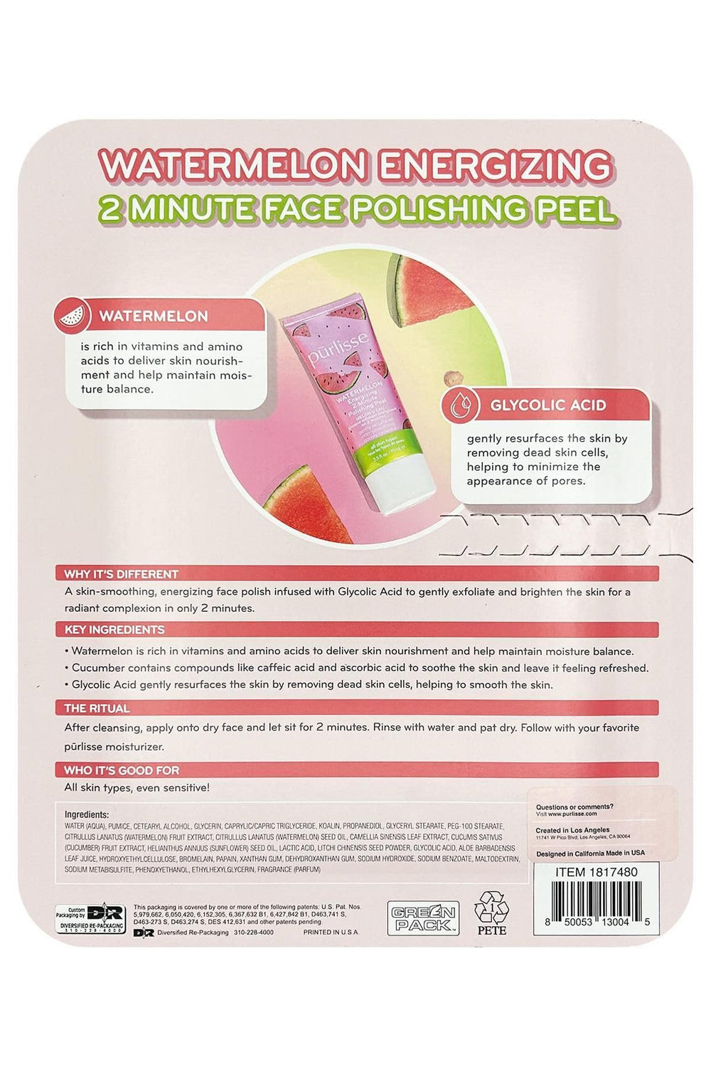 Pūrlisse Watermelon Energizing 2 Minute Polishing Peel — emballage pratique pour soin express