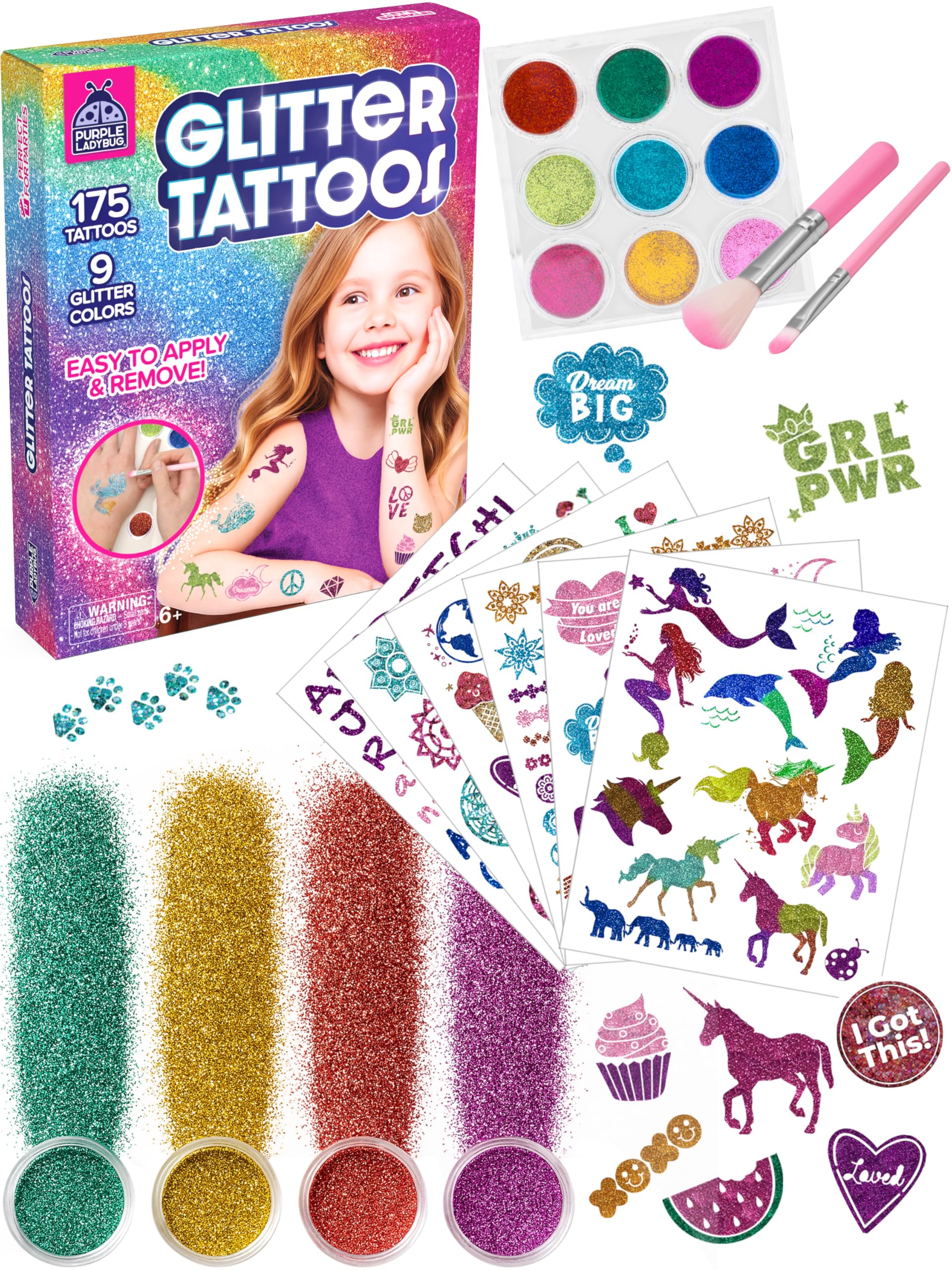 PURPLE LADYBUG ensemble de 175 tatouages temporaires pour enfants.