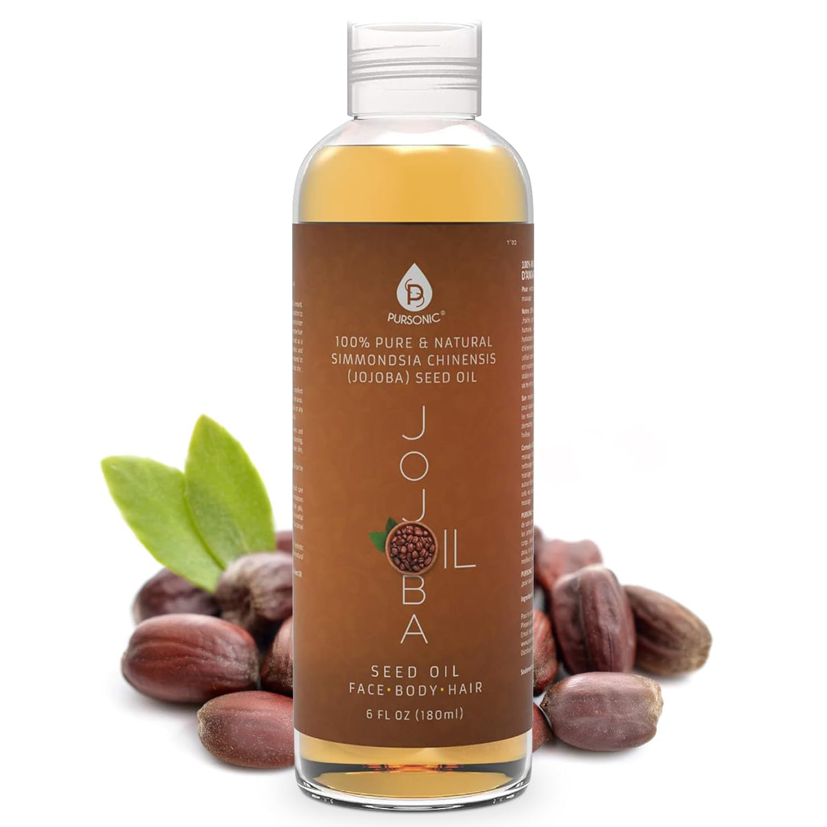 Pursonic huile jojoba dorée, bouteille 180 ml, hydratation légère pour la peau.