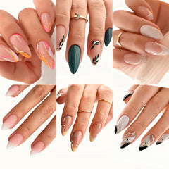 Ongles Puyokinm à pose almond medium – Feuilles: design élégant et application rapide.