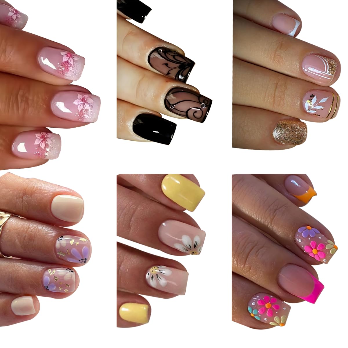 Puyokinm ongles prêts-à-poser courts fleurs: style floral rapide pour un look frais.