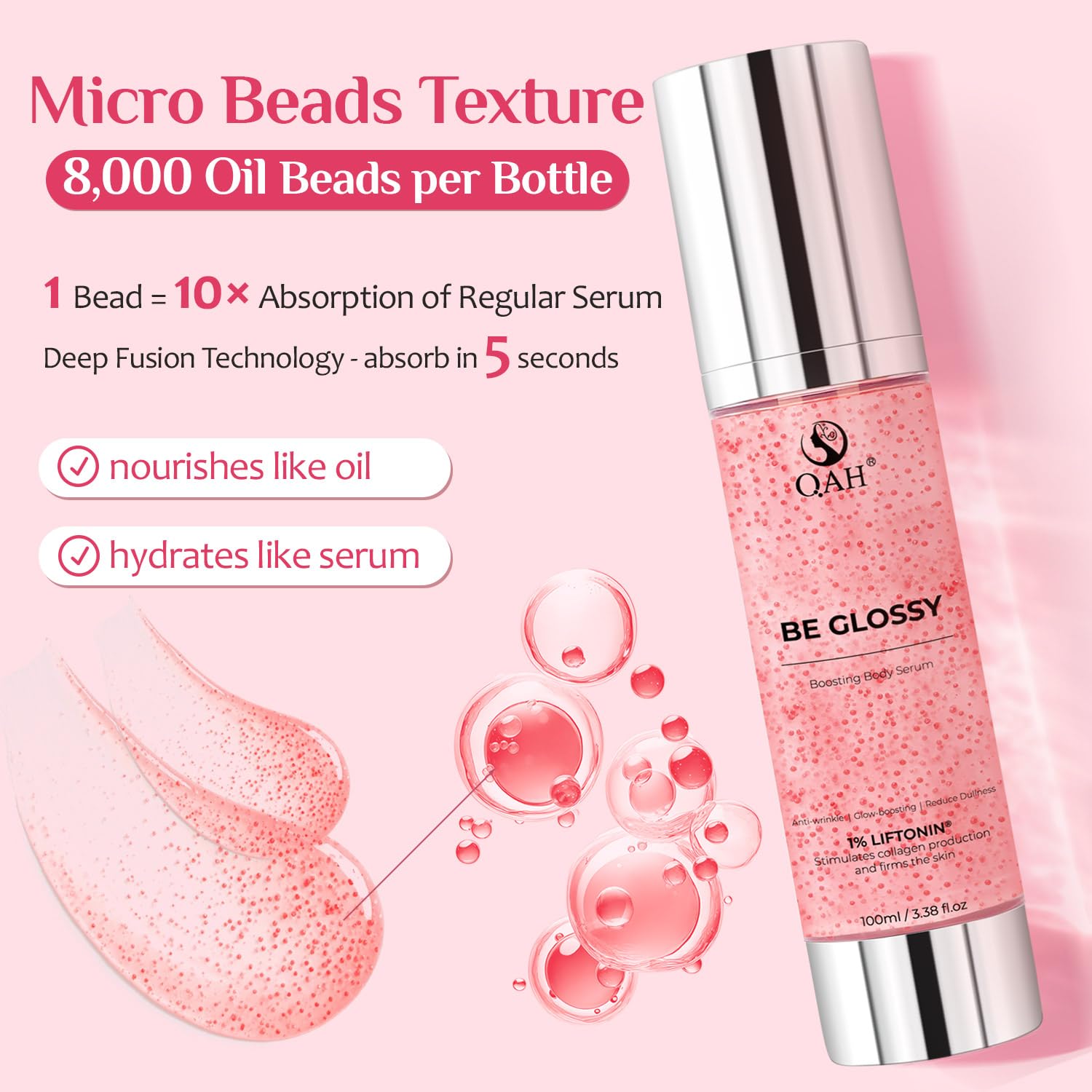 Finition éclat givré du sérum corporel QAH Be Glossy Pink.