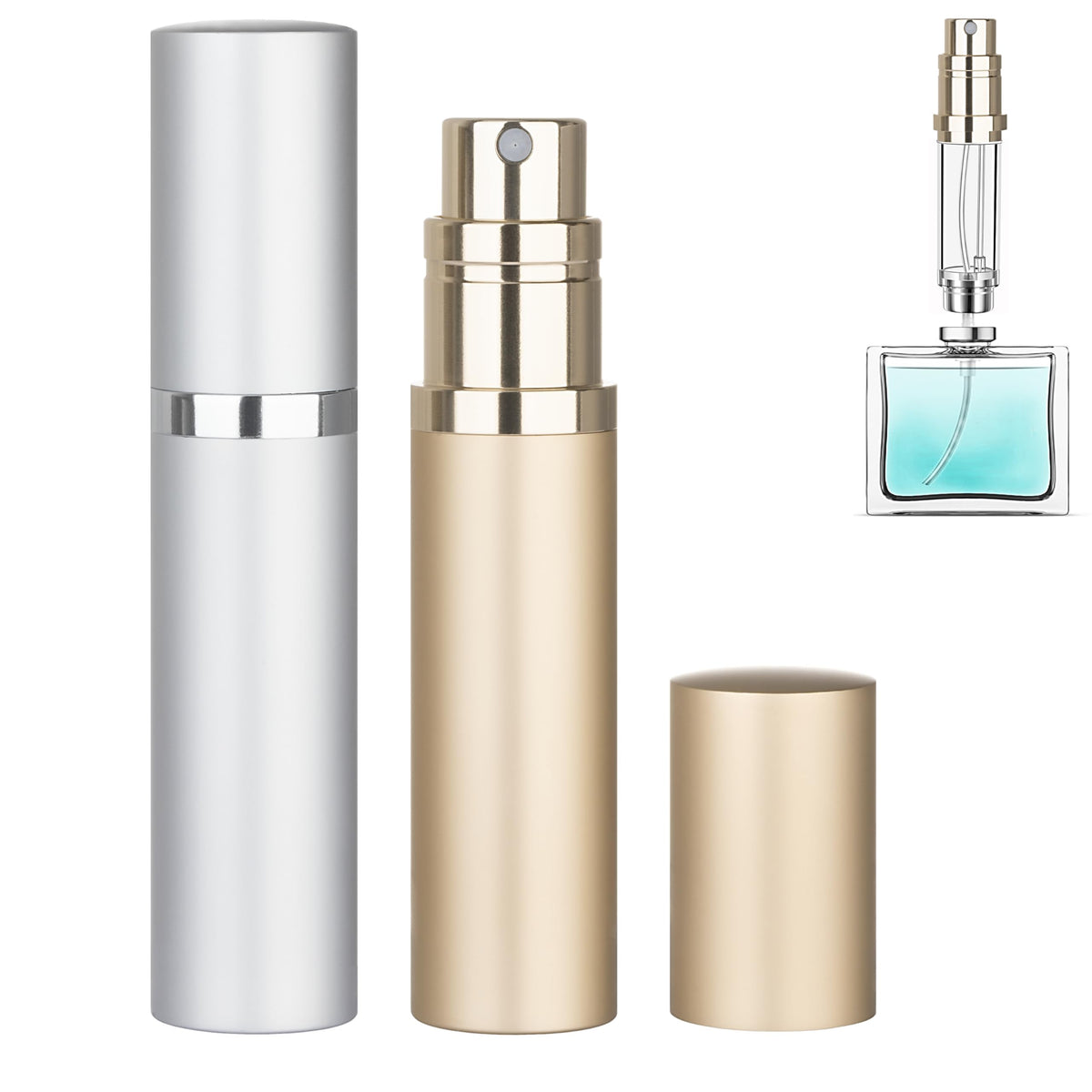 Bouteilles parfum rechargeables Qavhun argent et or prêtes pour le voyage.
