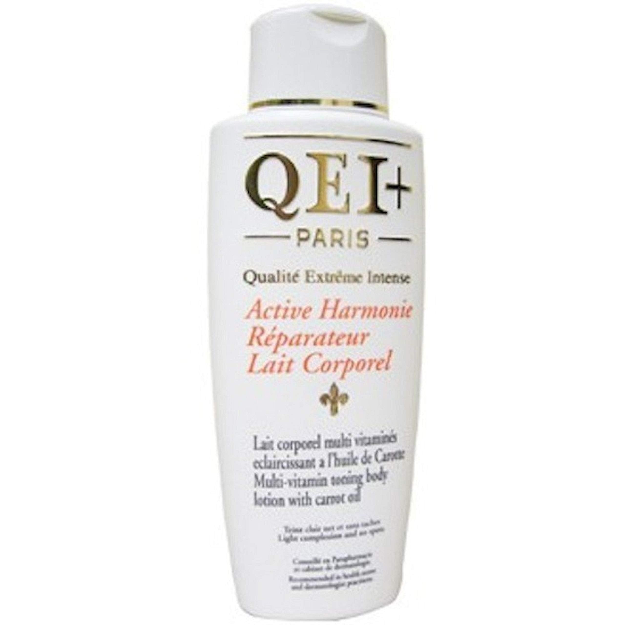 Qei+ Paris Active Harmonie, flacon lotion tonifiante pour le corps, huile de carotte nourrissante.