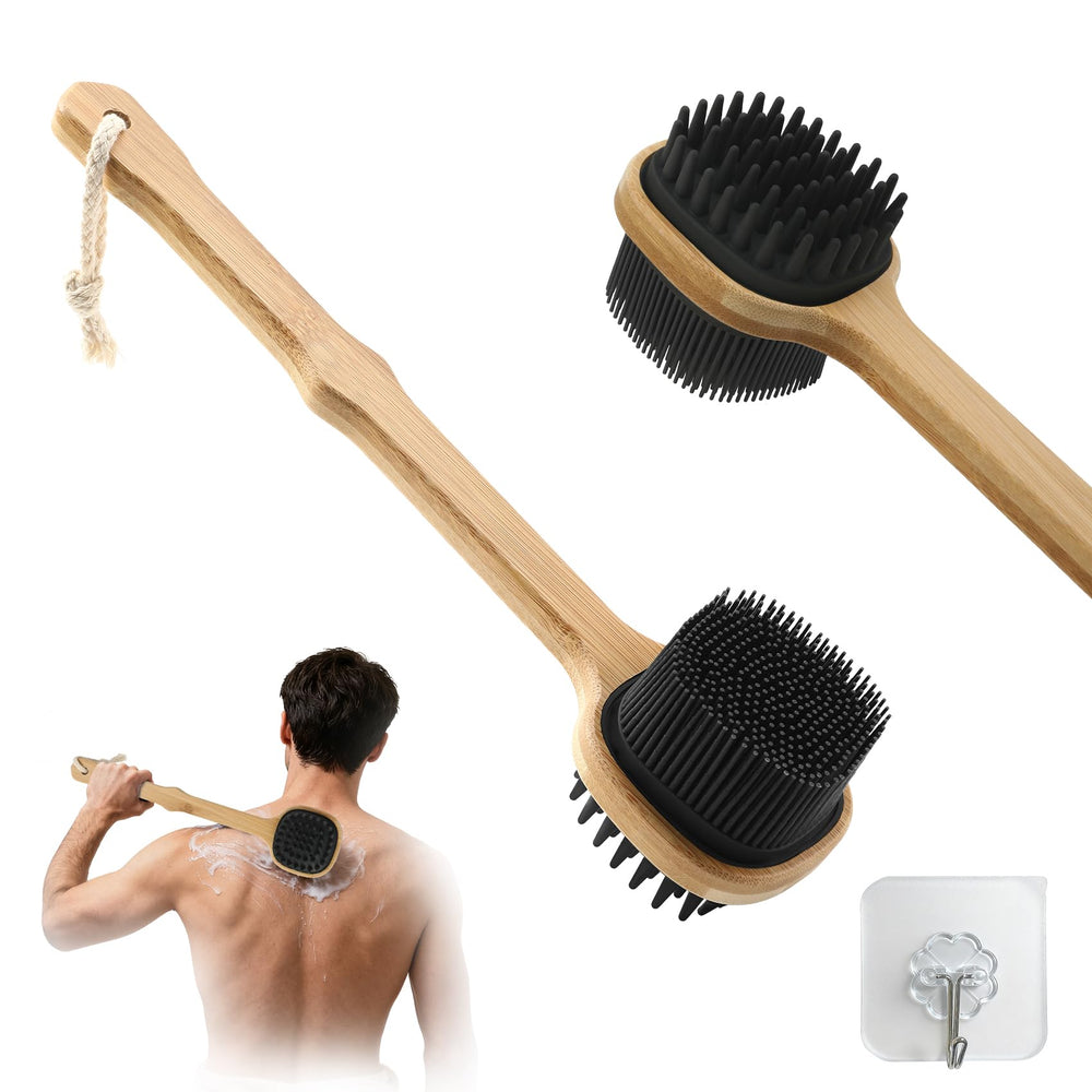 Brosse QEYMN double-face en silicone pour le dos, exfoliante et mousse généreuse.