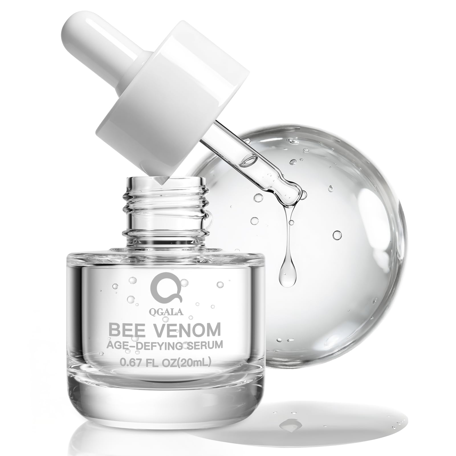 Sérum Venin d'Abeille Qgala dans sa bouteille, hydratation et douceur cutanée.
