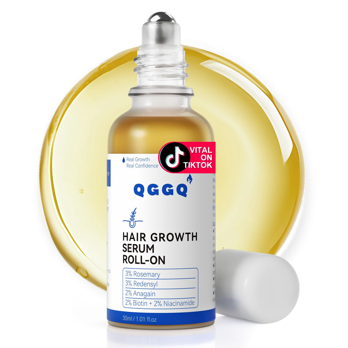 Sérum QGGQ, bouteille roll-on pour une application ciblée sur le cuir chevelu.