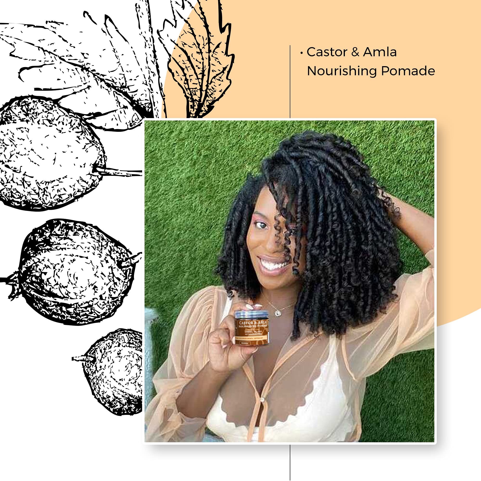 Hands apply Qhemet Biologics Castor and Amla pomade to scalp for conditioning.