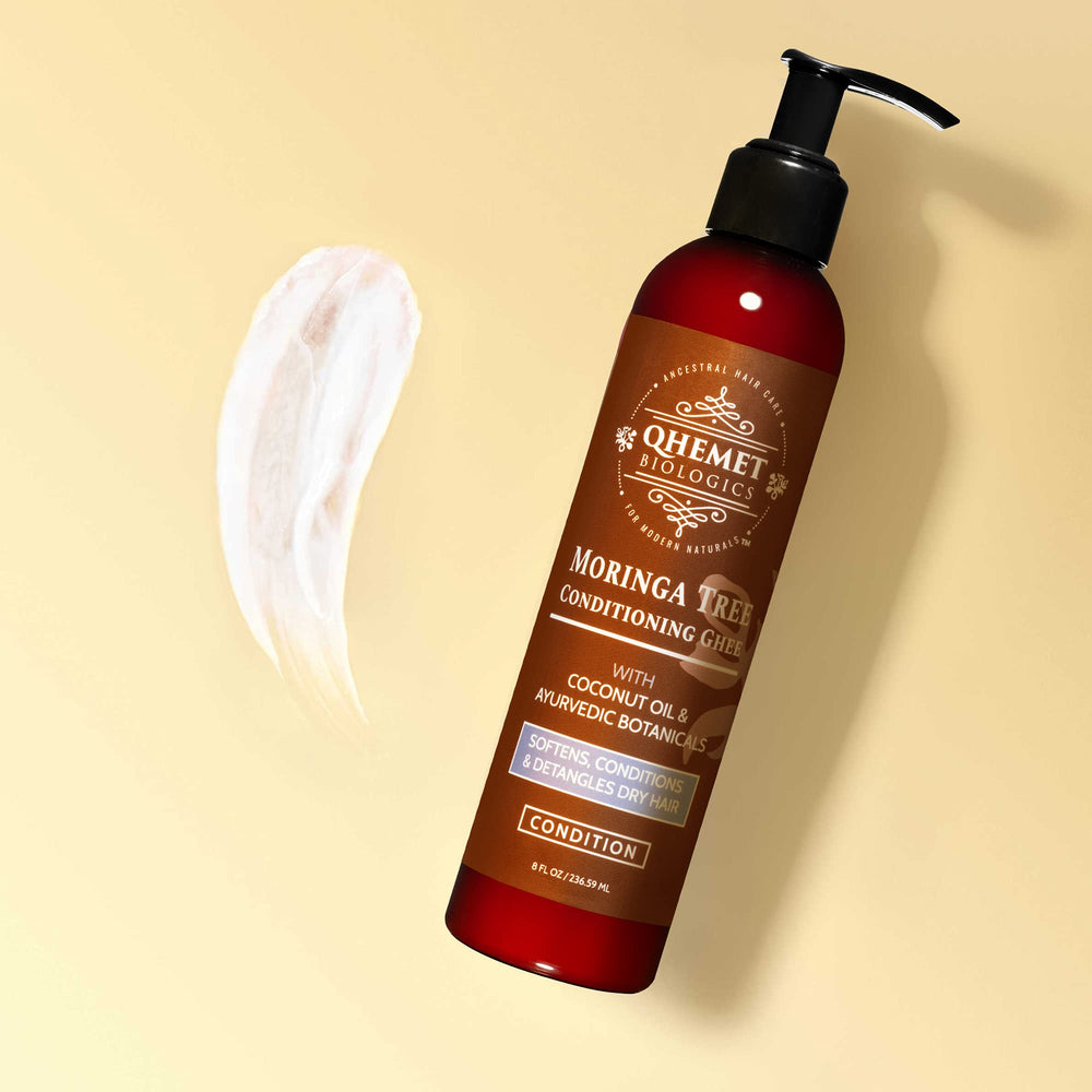 Ingrédients premium incluant huile de coco vierge et moringa pour douceur.