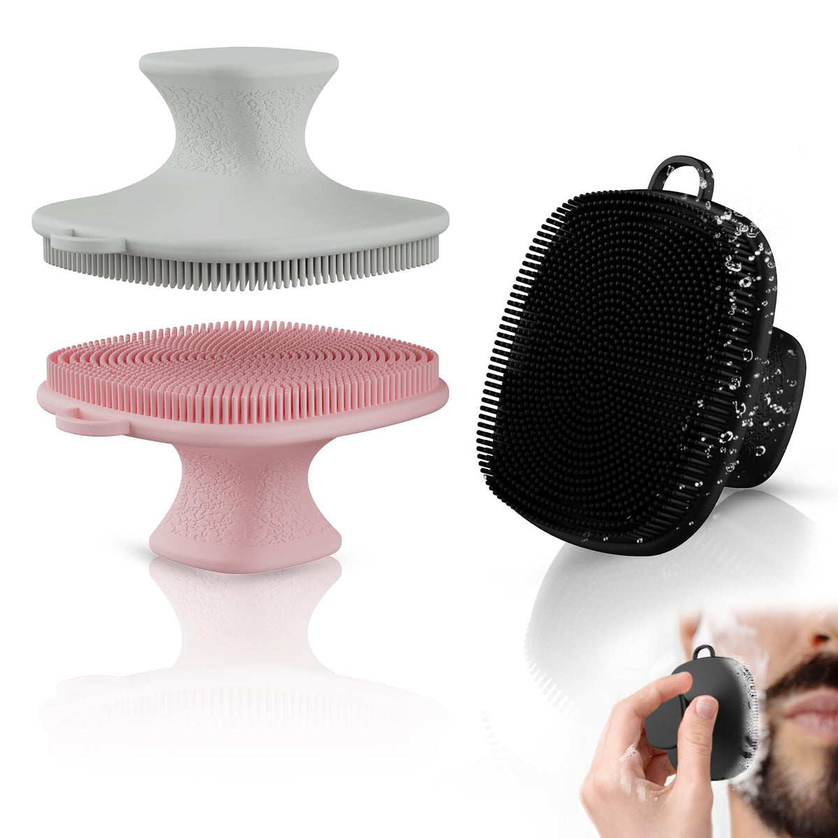 Ensemble de brosses visage QiaKeoo en silicone noir, rose et gris pour un nettoyage en douceur.
