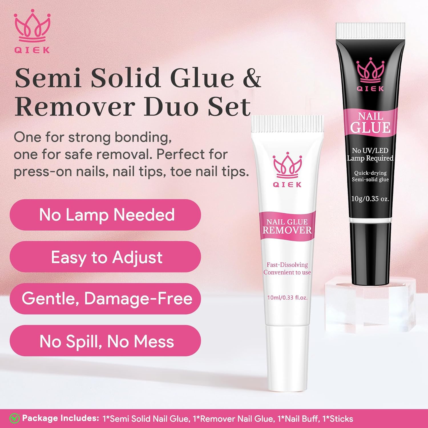 QIEK Remover Ongles Press-On 10 ml, retrait doux sans acétone.