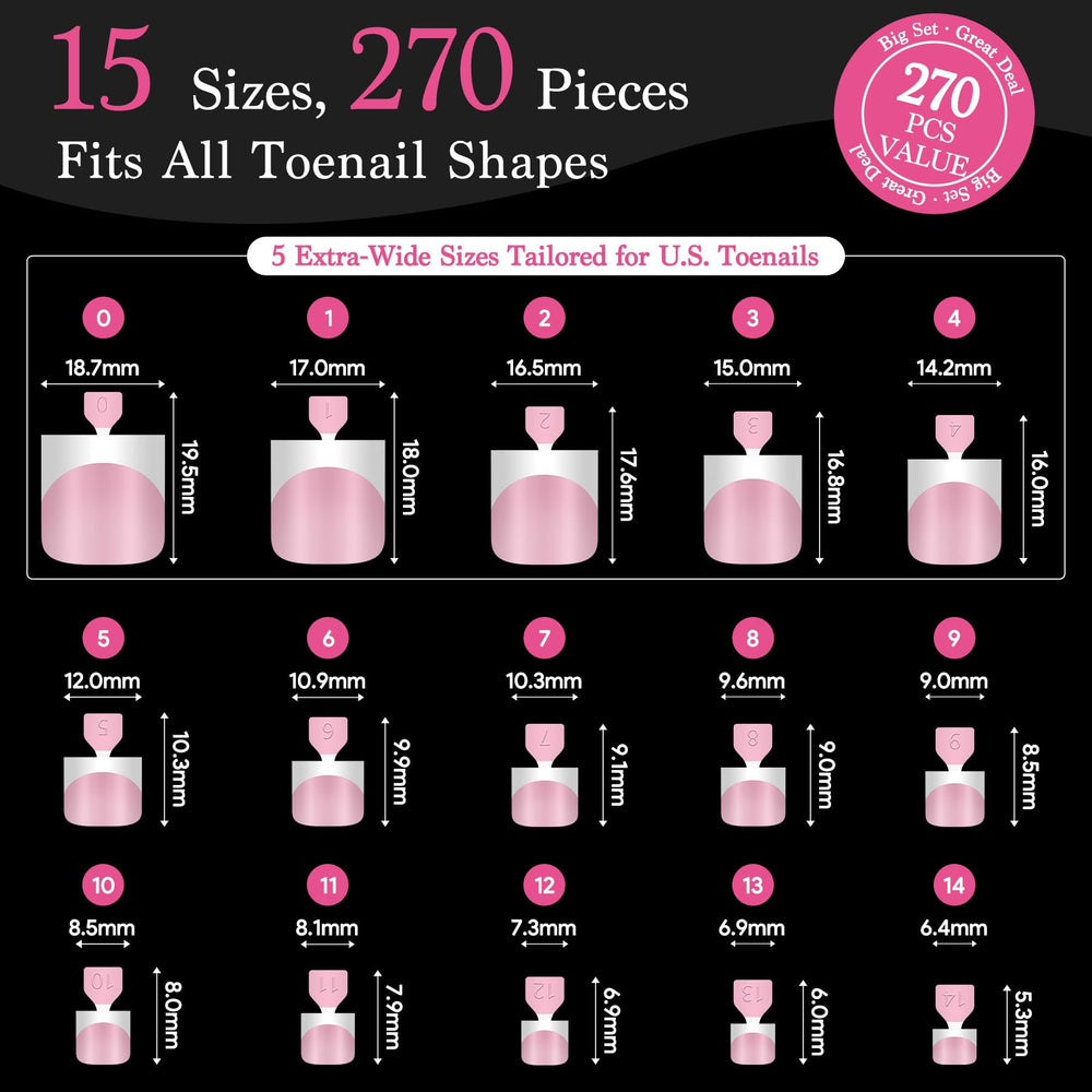 Ensemble 270 pièces et 15 tailles pour un ajustement parfait des orteils.