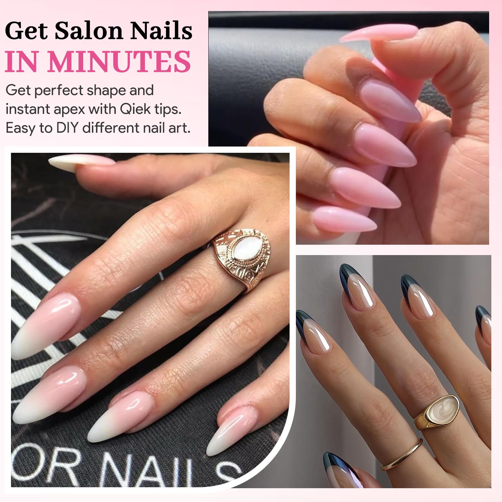QIEK: ongles amande transparents qui subliment la naturalité des mains.