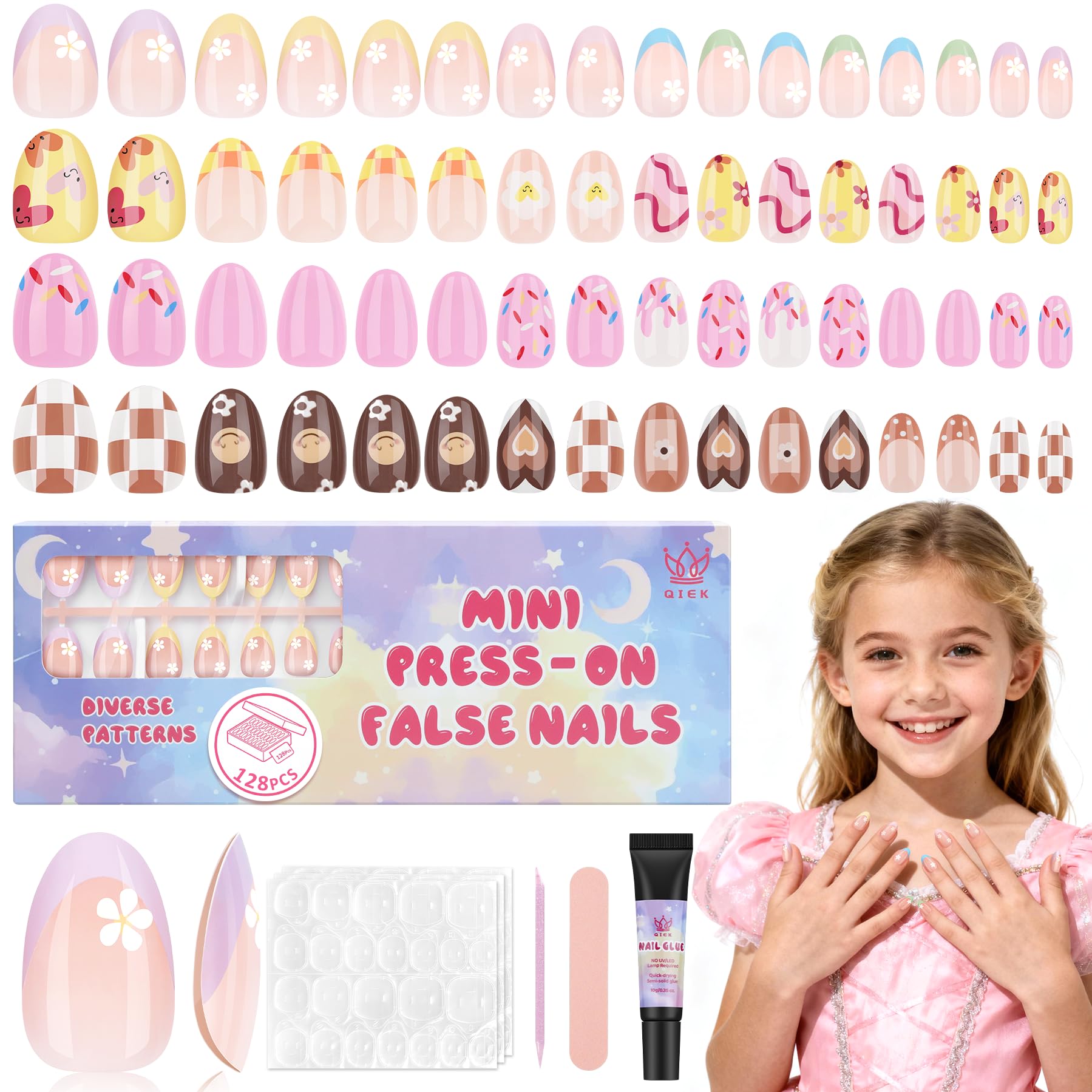 Ongles presse pour enfants QIEK – ensemble quatre ensembles colorés avec motifs floraux