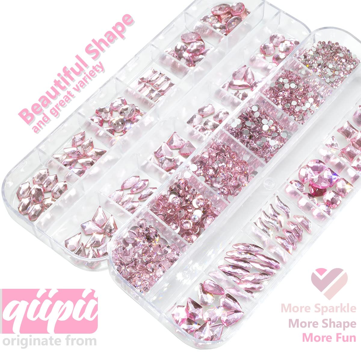 Qiipii 24 Styles – formes variées rose clair avec dos plats pour nail art précis.