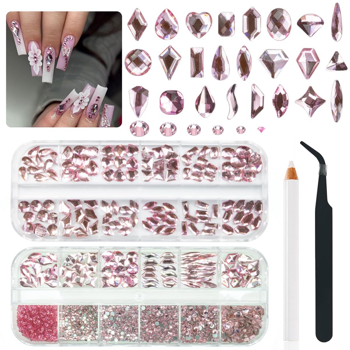 Qiipii 24 Styles – pierres roses clair pour ongles, brillance durable et look personnalisé.