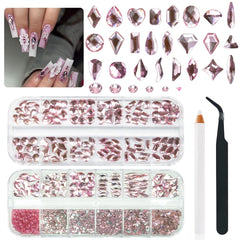 Qiipii 24 Styles – pierres roses clair pour ongles, brillance durable et look personnalisé.