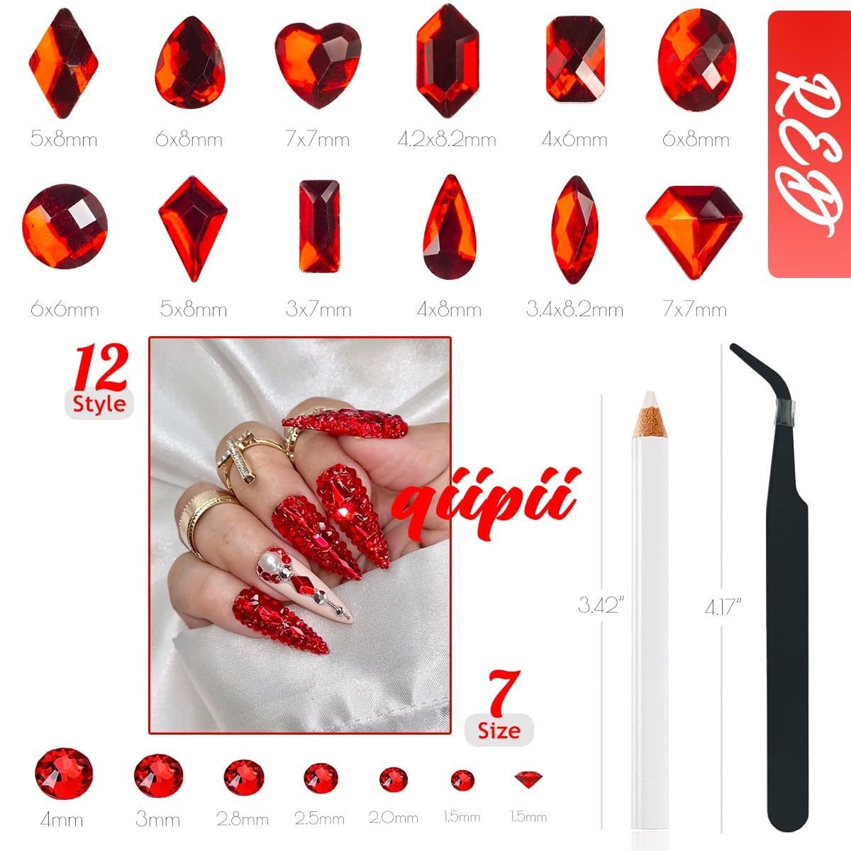 Qiipii cristaux rouges coeurs, parfaites touches romantiques sur les ongles