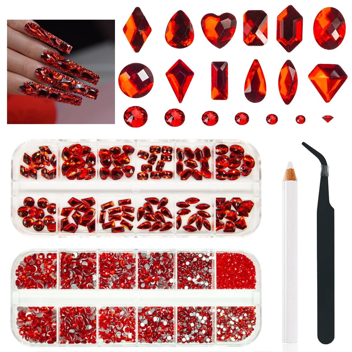 Qiipii cristaux rouges multi-formes pour ongles, brillance durable et options de design variées