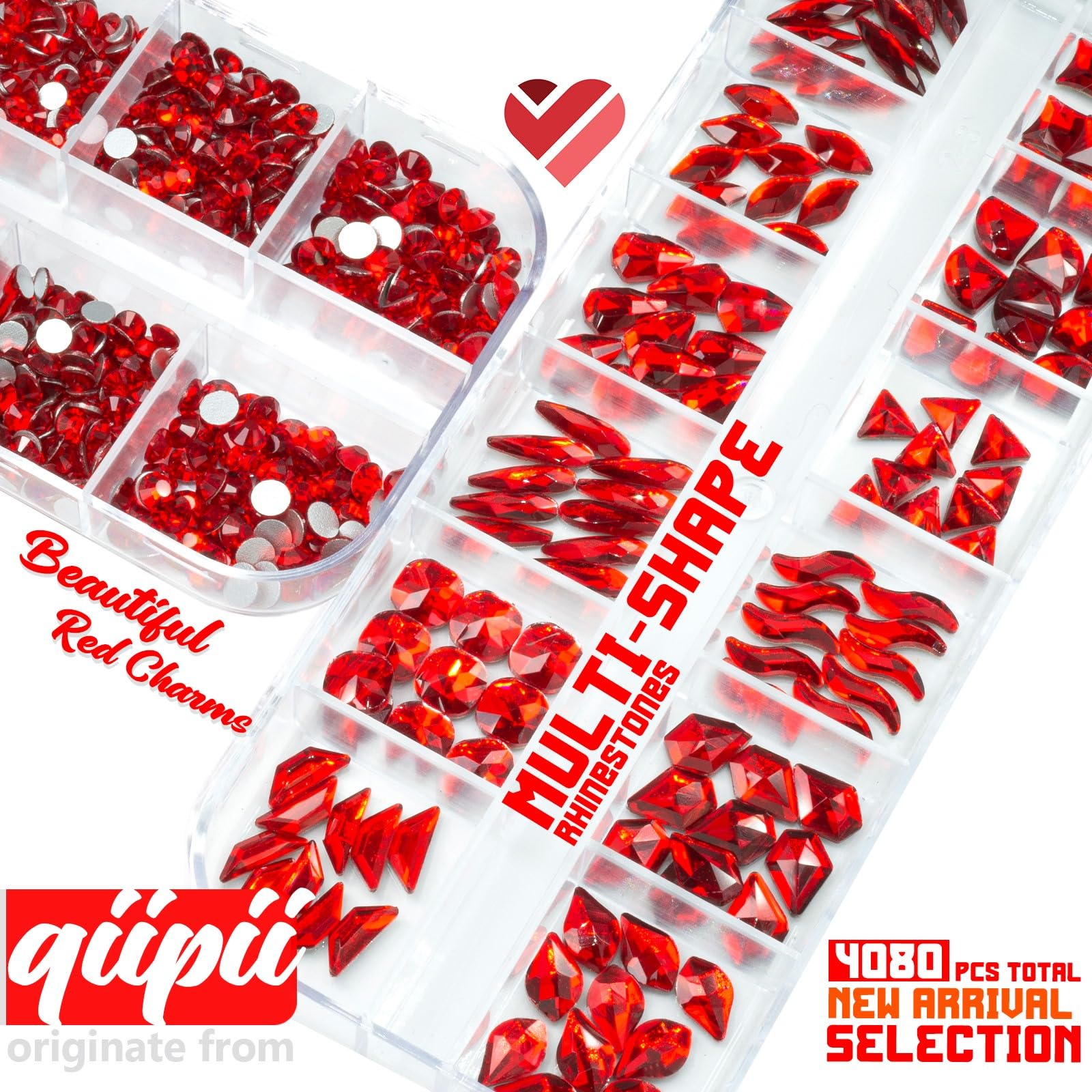 Qiipii strass rouges billes K9, tailles variées pour motifs scintillants.