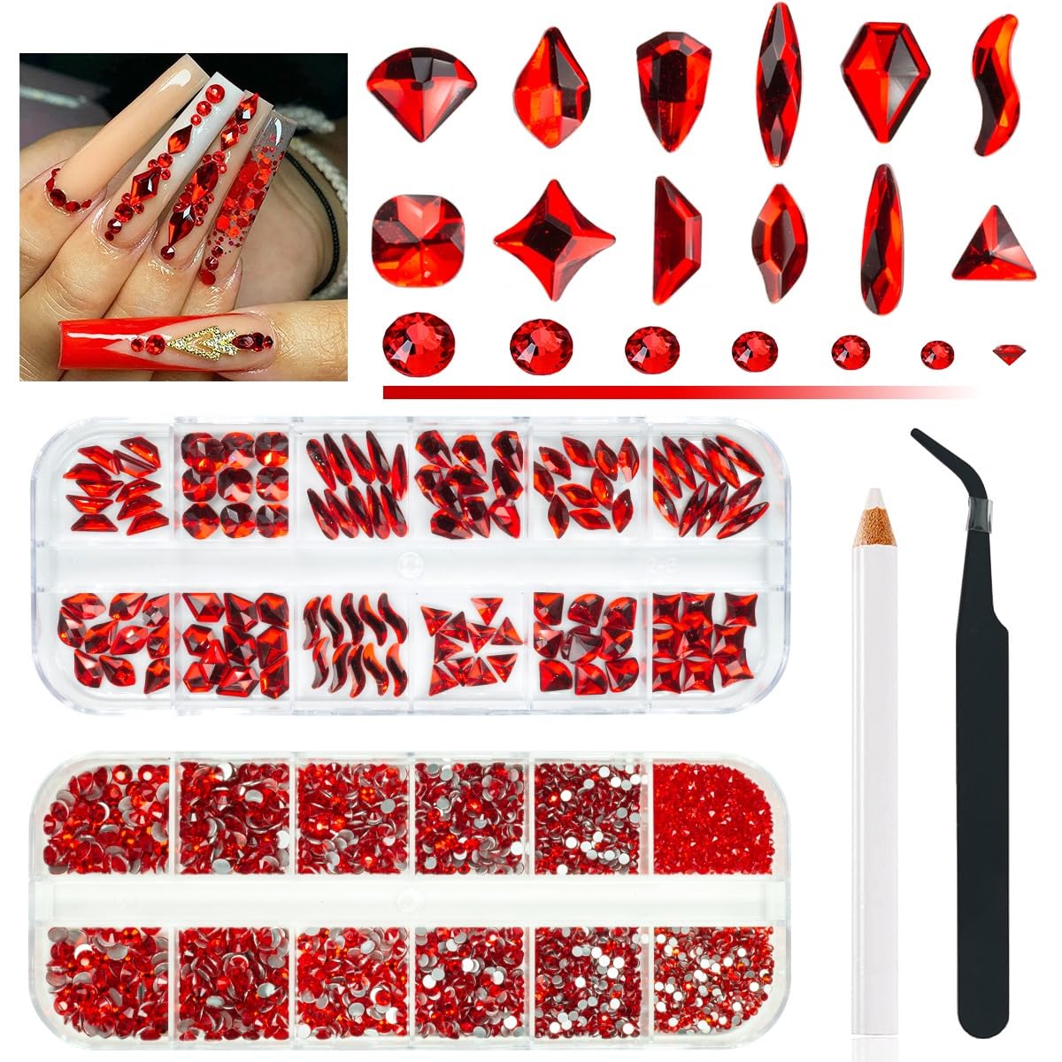 Qiipii strass rouges pour ongles, formes multiples pour designs variés.